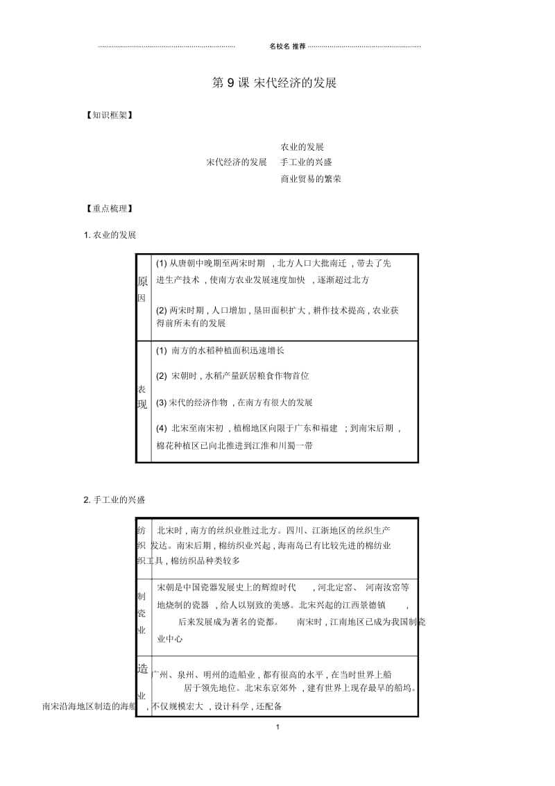 初中七年级历史下册第二单元辽宋夏金元时期民族关系发展和社会变化第9课宋代经济的发展备考速记新人教版精.docx_第1页