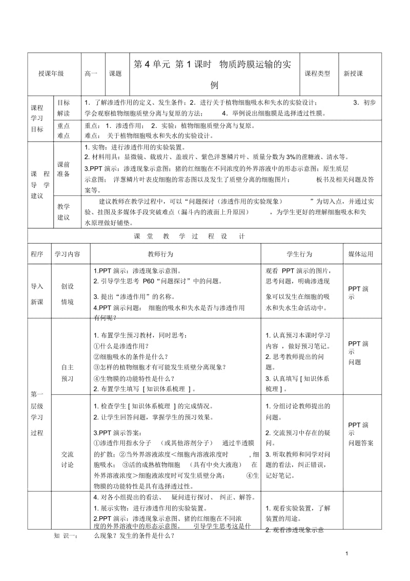 【多彩课堂】高中生物第4章第1节物质跨膜运输的实例名师精选教案新人教版必修1.docx_第1页