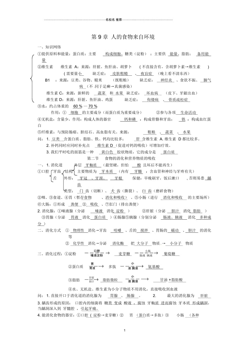 甘肃省张掖市第四中学初中七年级生物下册第9章人的食物来自环境名师精编讲学稿(无答案)苏教版.docx_第1页