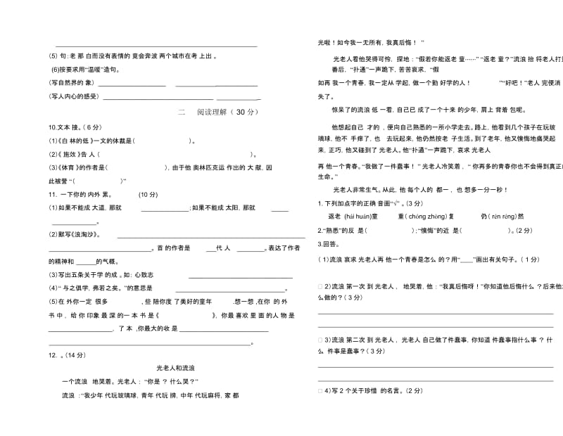 小学六年级期中语文试卷模板.docx_第2页