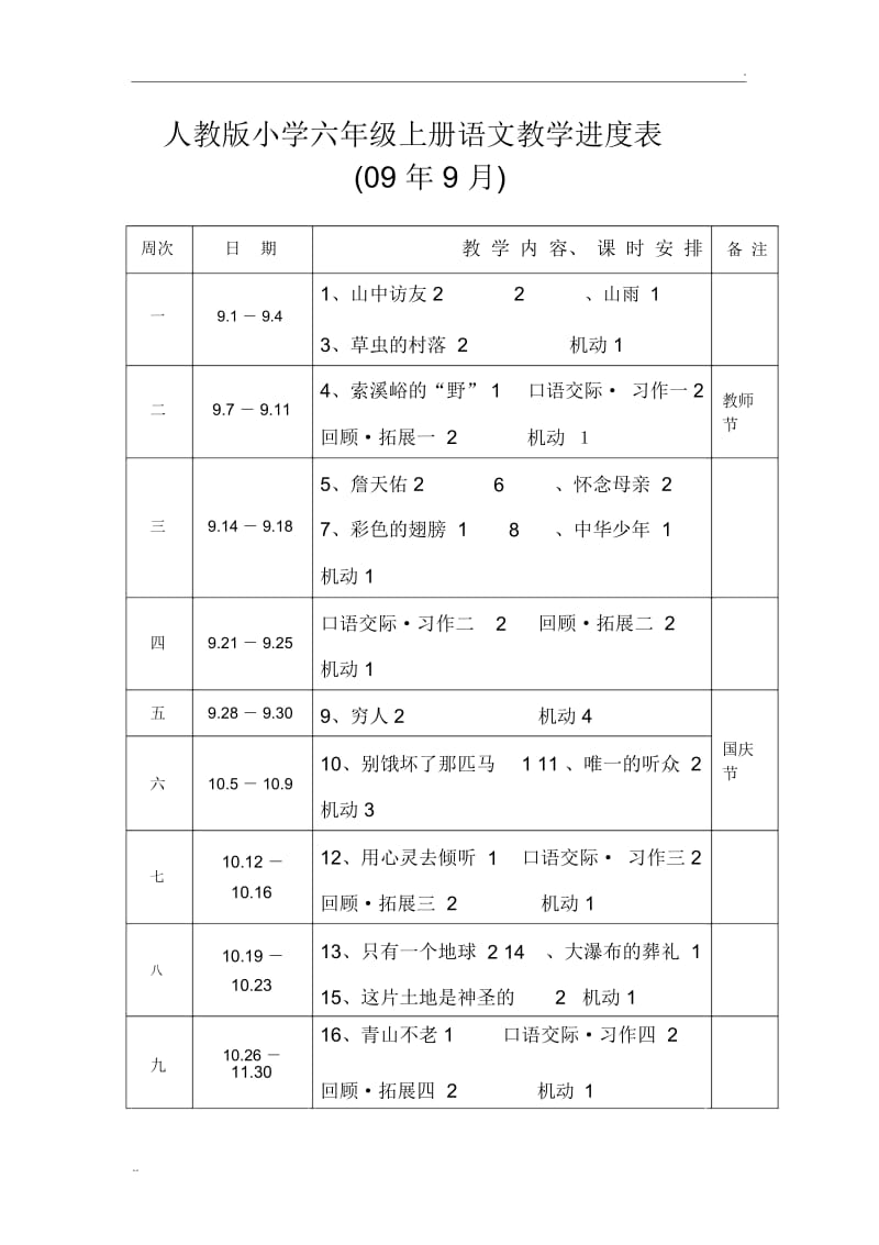 人教版小学六年级上册语文教学进度表.docx_第1页