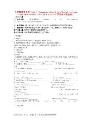 九年级英语全册Unit3TeenagersshouldbeallowedtochoosetheirownclothesSectionA1a2c导学案无答案人教新目标版.doc