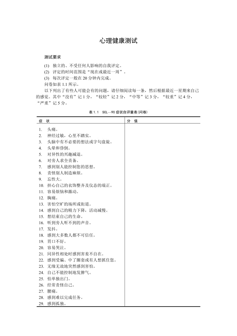 SCL--90 心理健康测试评分表.doc_第1页