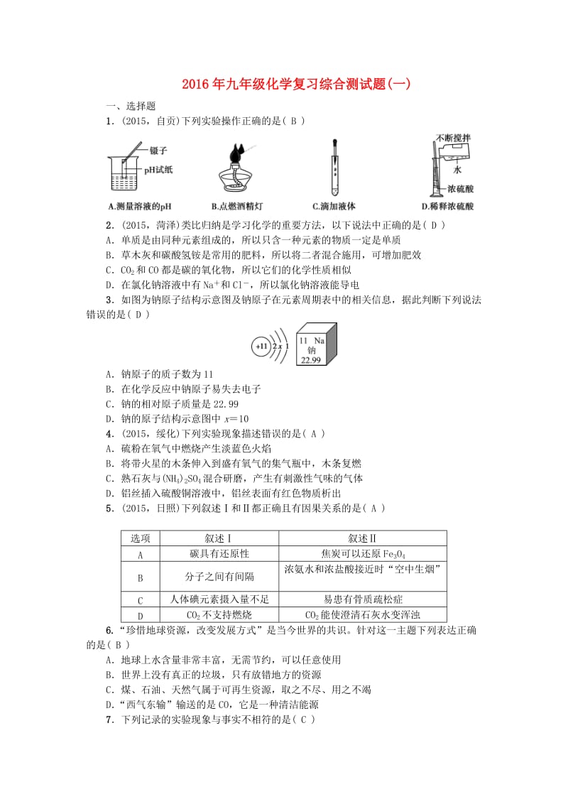 山东省枣庄2020年九年级化学复习综合测试题一.doc_第1页