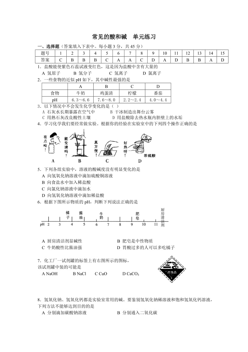 鲁教版化学九年第五单元常见的酸和碱同步测试.doc_第1页