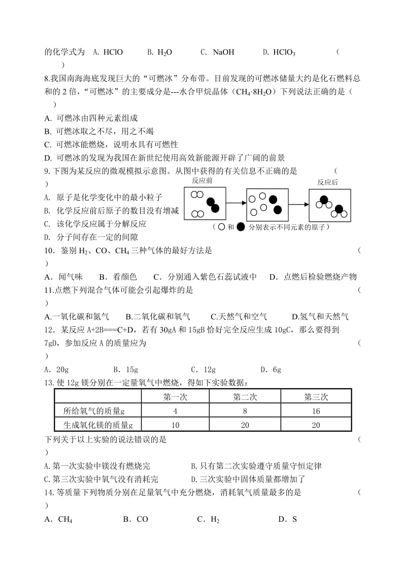 沪教版初三化学第四章单元测试卷.doc_第2页