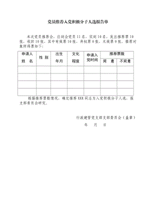 党员推荐入党积极分子人选报告单.doc