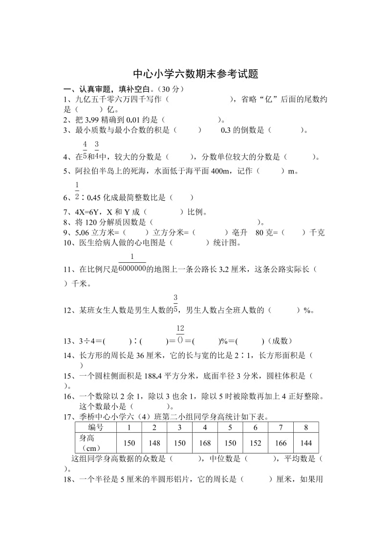 小学六年级数学毕业模拟试卷.doc_第1页