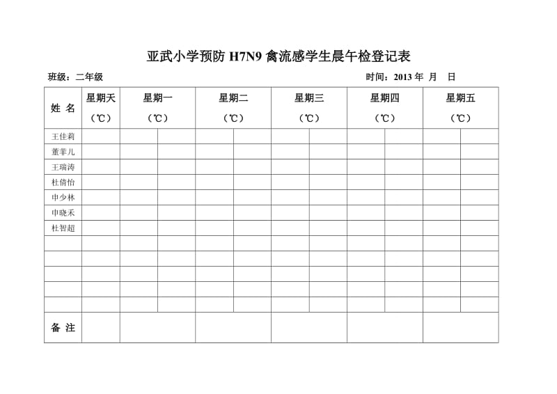 亚武小学预防H7N9禽流感学生晨午检登记表.doc_第2页