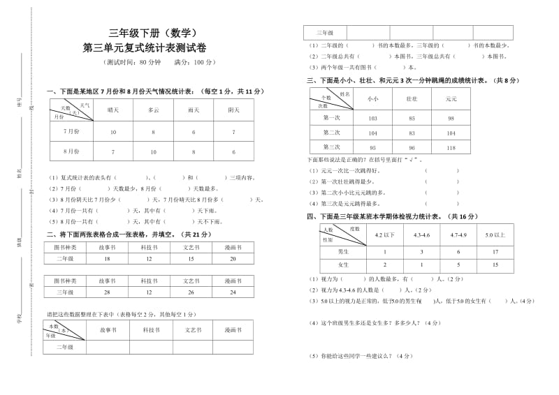 人教版三年级数学下册第三单元《复式统计表》测试卷.doc_第1页