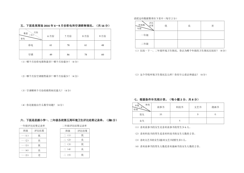 人教版三年级数学下册第三单元《复式统计表》测试卷.doc_第2页