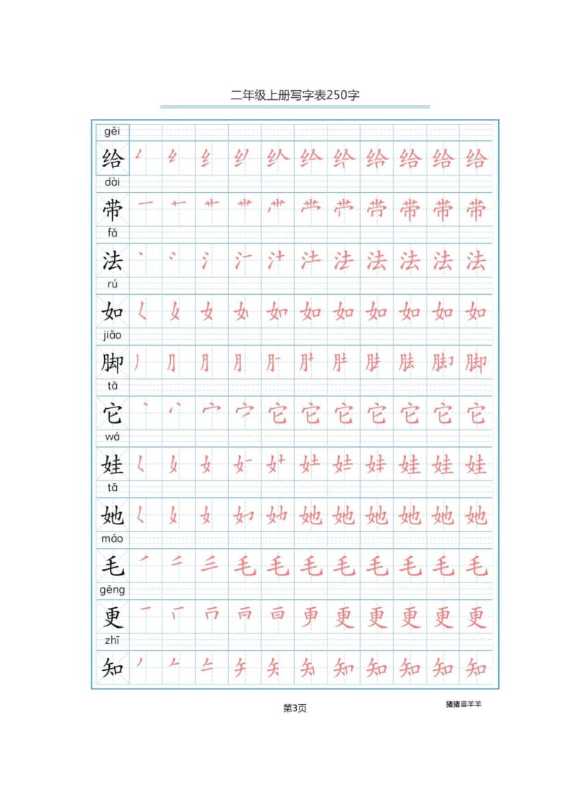 2018部编版小学语文二年级上册250个生字笔顺分解练习.doc_第3页