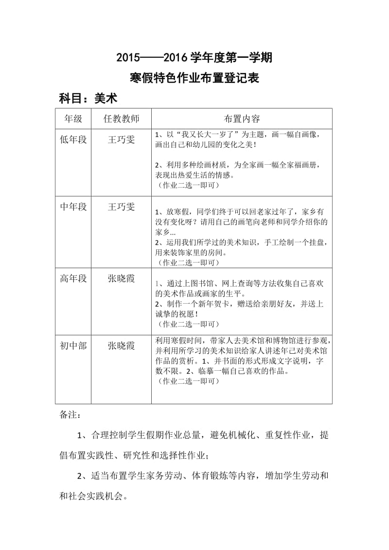 (小学部)寒假美术特色作业布置登记表.doc_第1页