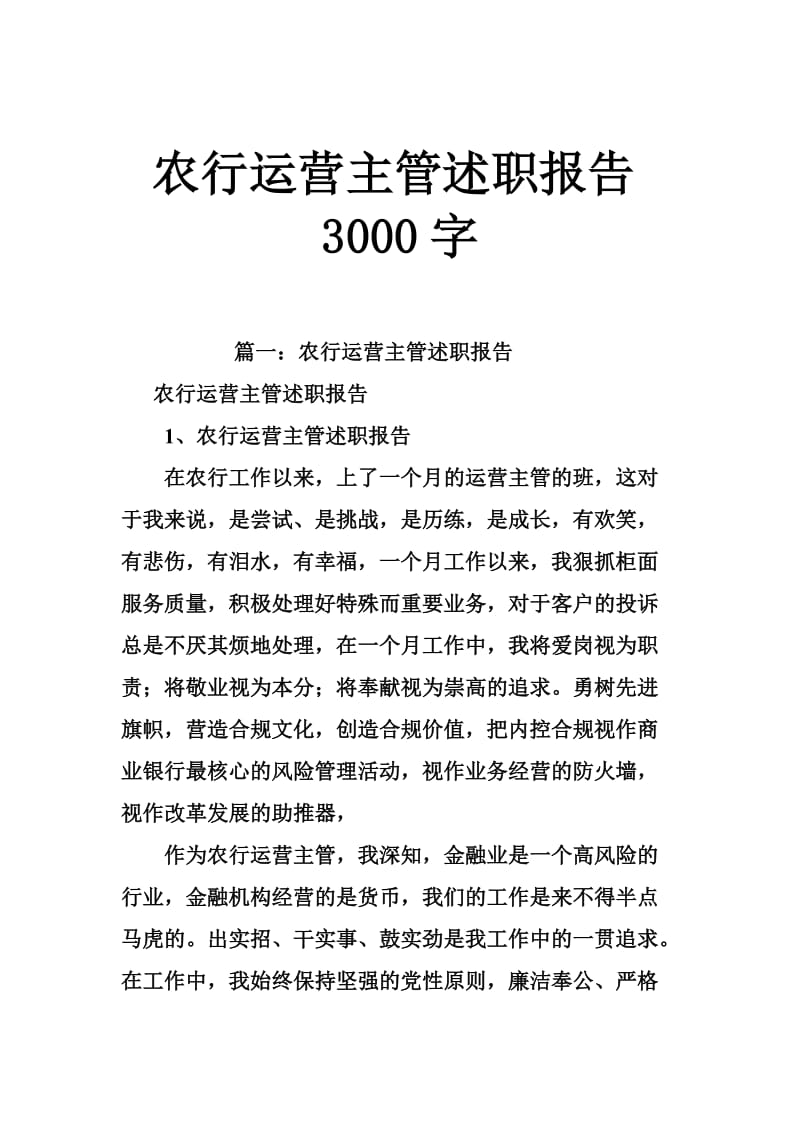 农行运营主管述职报告3000字.doc_第1页