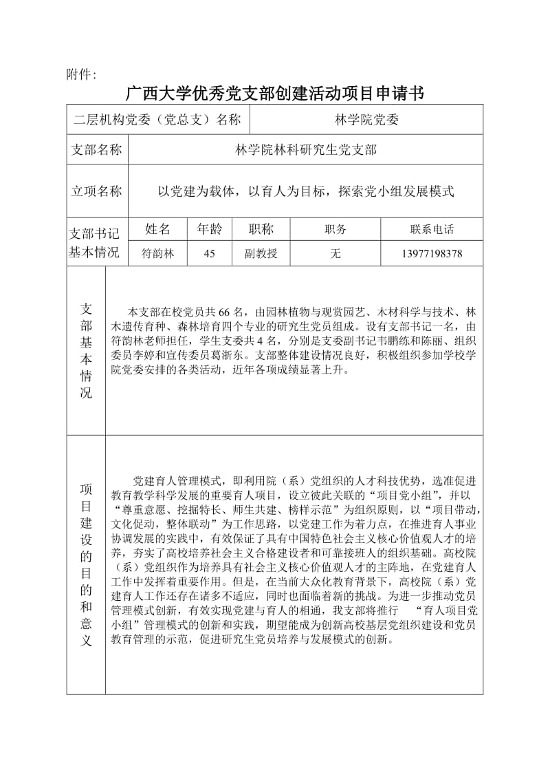 广西大学优秀党支部创建活动项目申请书 ——林科党支部.doc_第1页