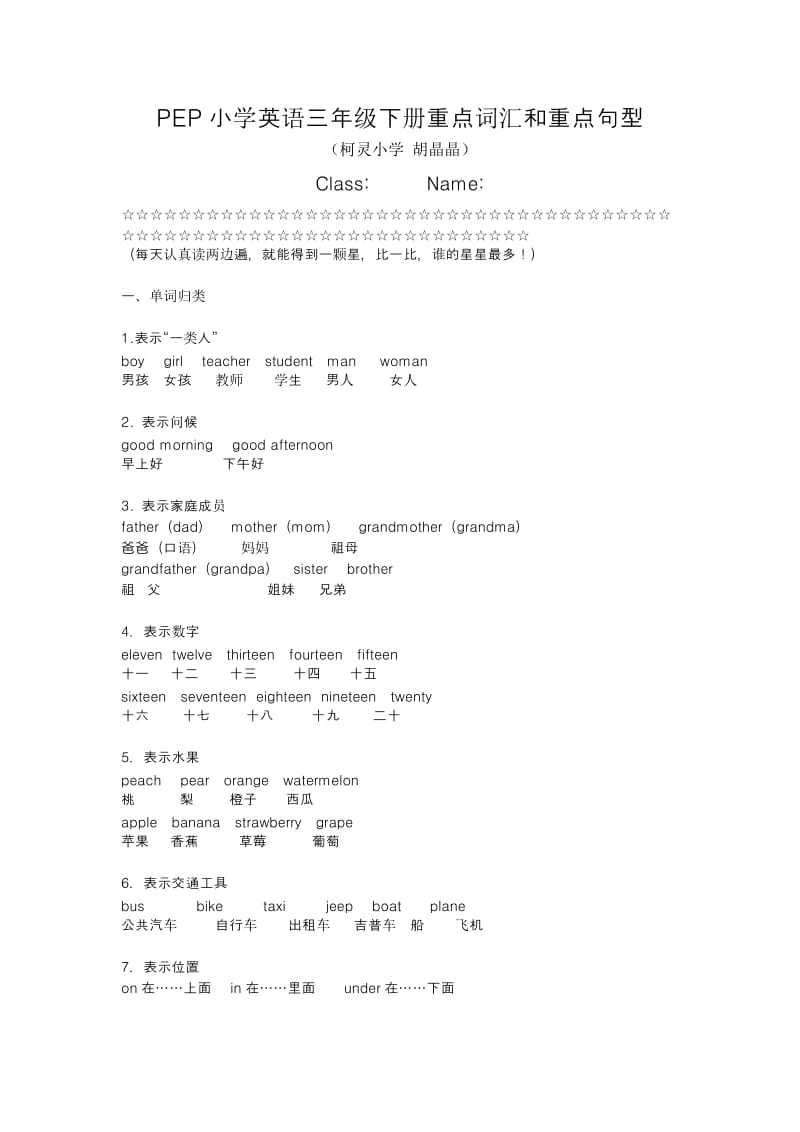 胡晶晶——PEP小学英语三年级下册重点词汇和重点句型.doc_第1页