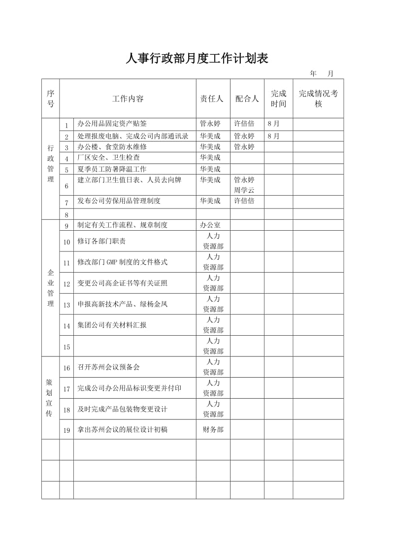 人事行政部月度工作计划表.doc_第1页