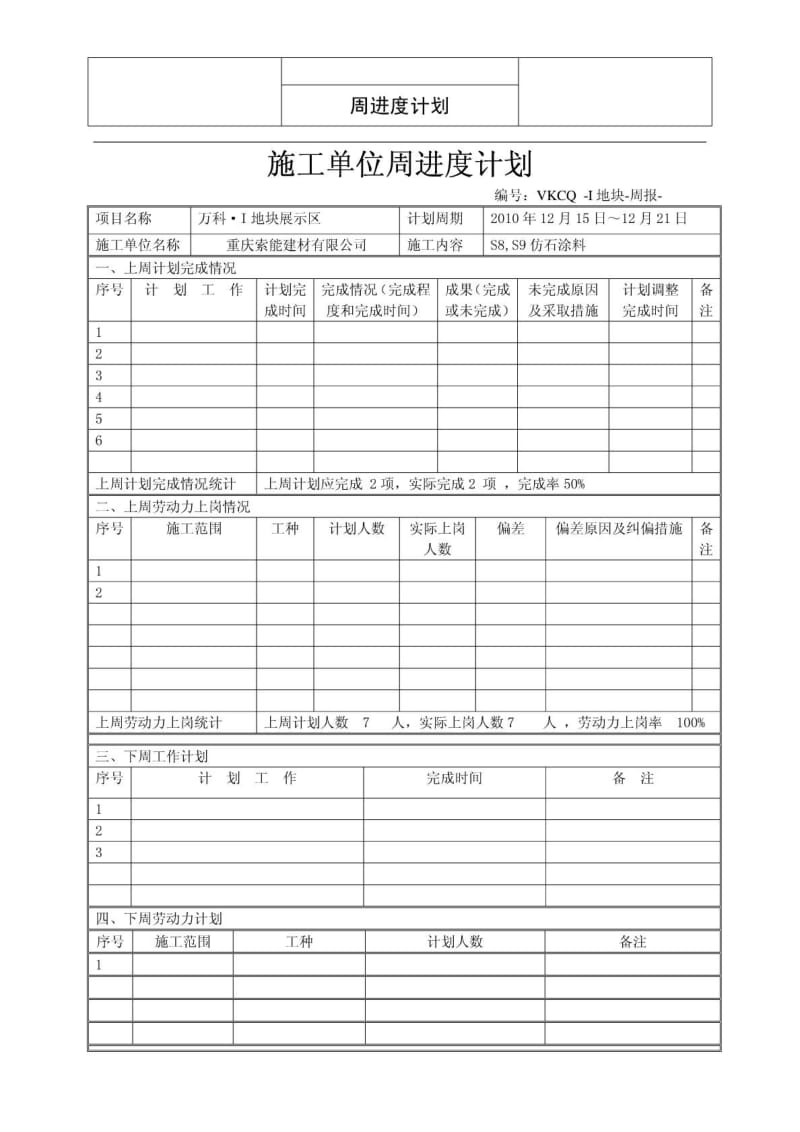 模板施工单位周进度计划表格.doc_第1页