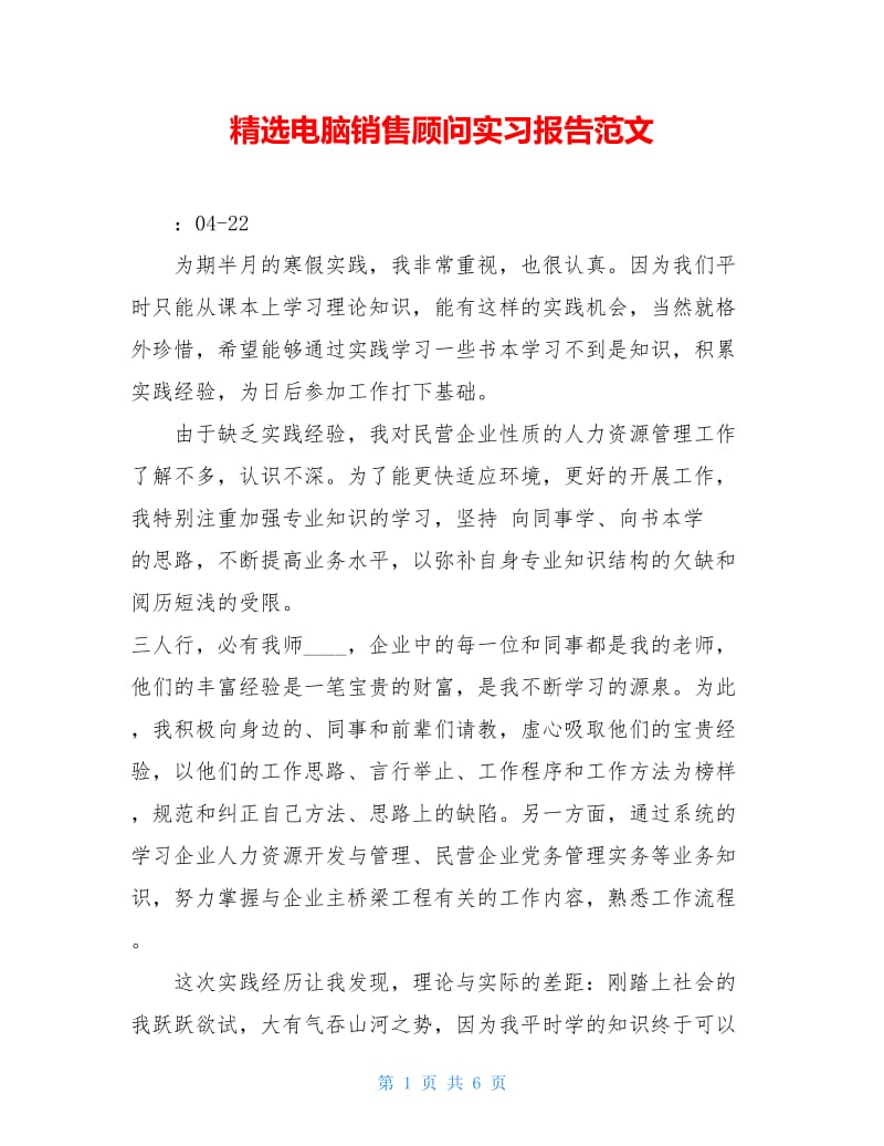 精选电脑销售顾问实习报告范文.doc_第1页