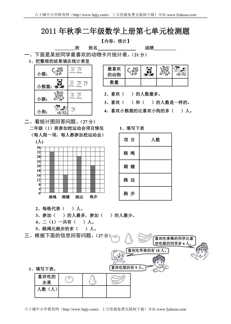 小学二年级数学上册第七单元试卷（人教版）.doc_第1页