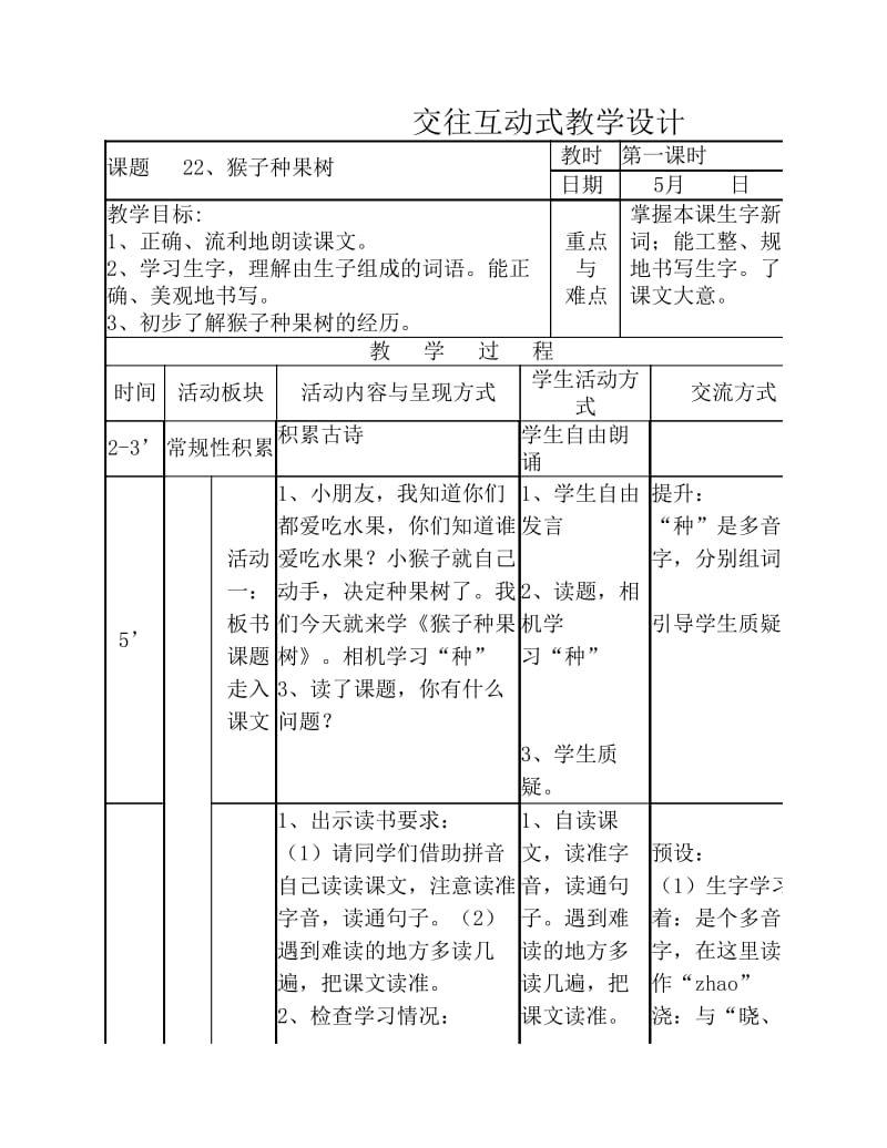 苏教版二下猴子种果树交互教案.pdf_第1页