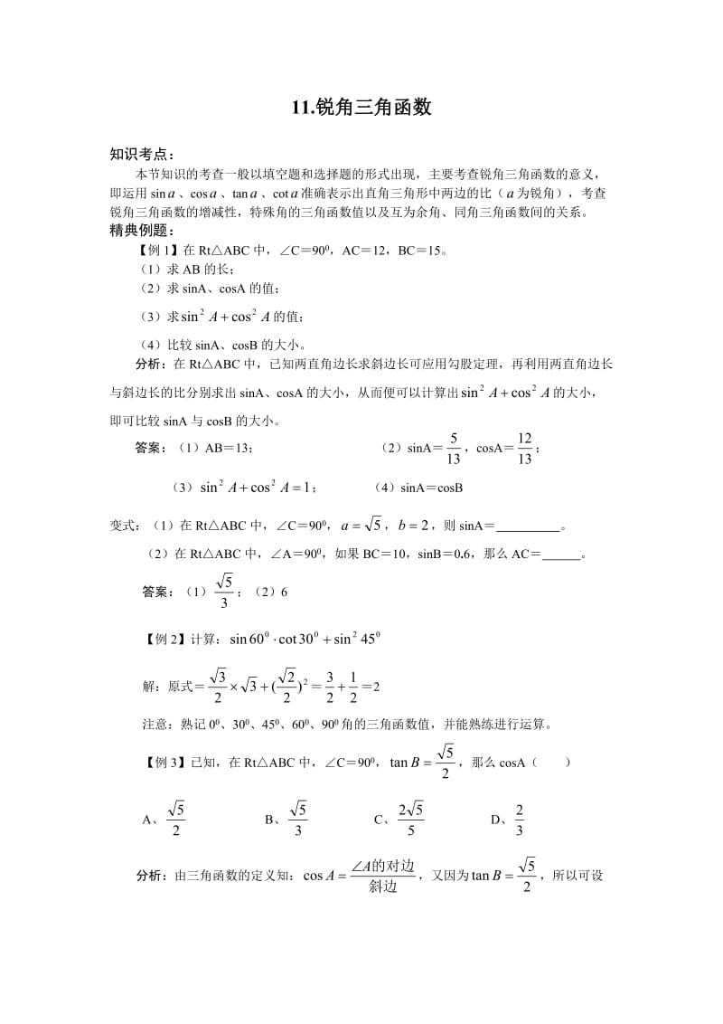 2011中考数学一轮复习【几何篇】11.锐角三角函数.doc_第1页