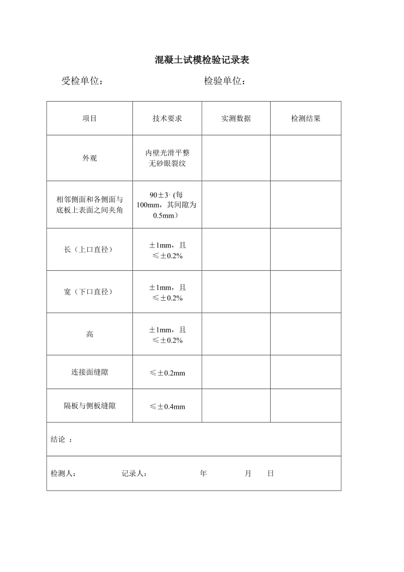 混凝土试模检验记录表.doc_第1页