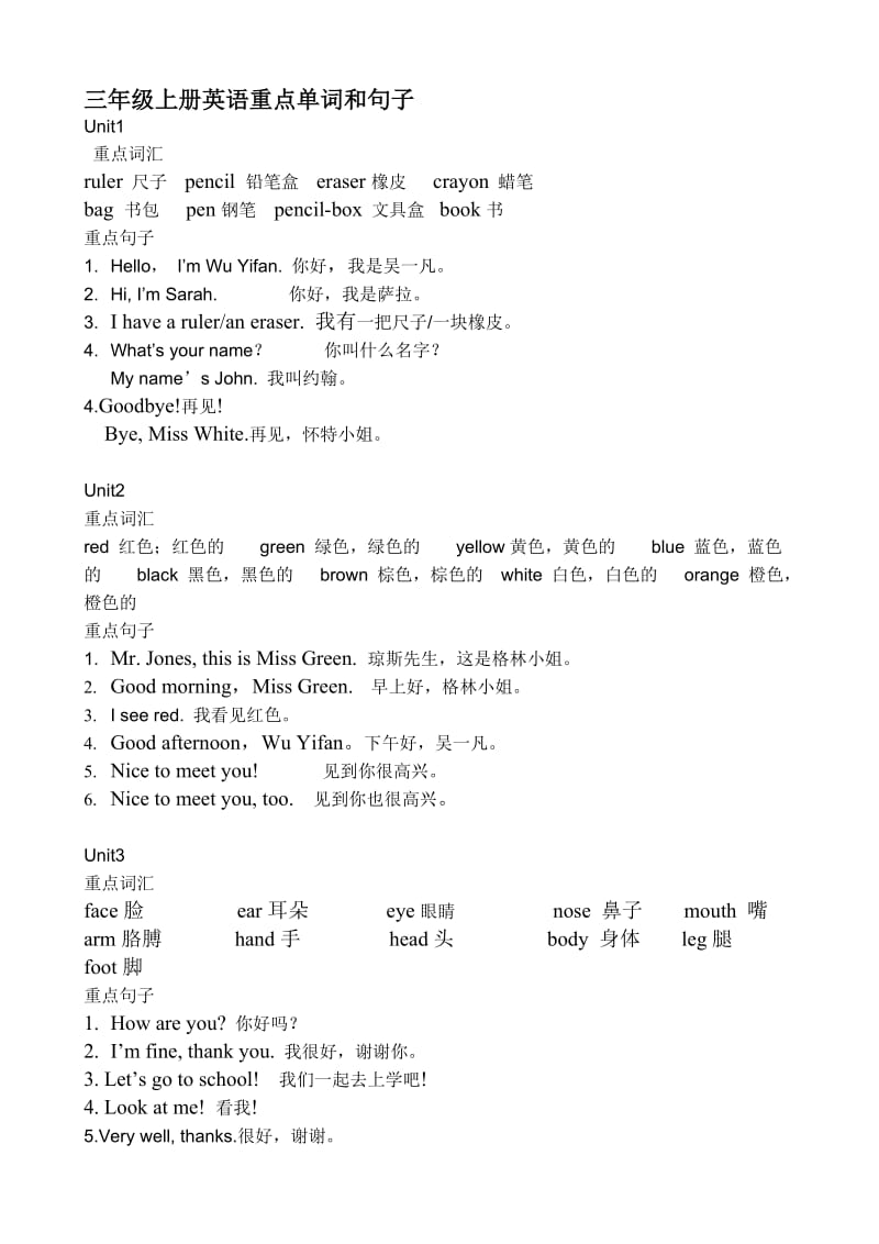 三年级上册英语重点单词和句子.doc_第1页