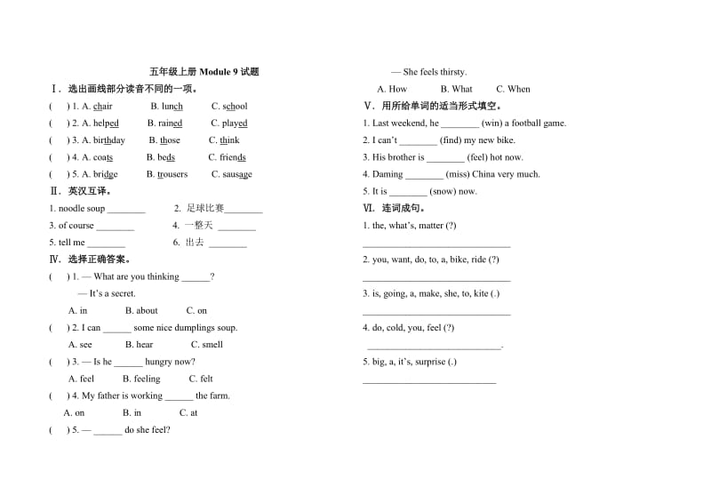 英语五年级上册外研版Module9练习题(无答案)1.doc_第1页