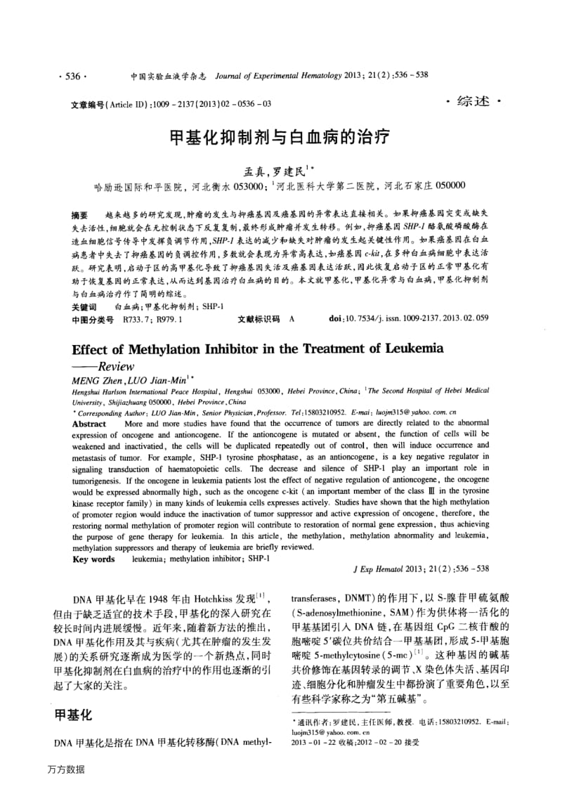 甲基化抑制剂与白血病的治疗.pdf_第1页