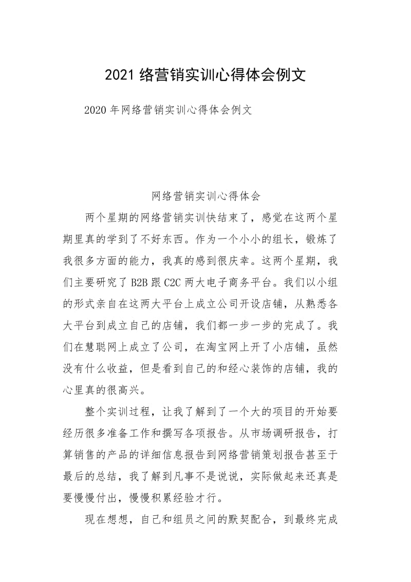 2021络营销实训心得体会例文.docx_第1页