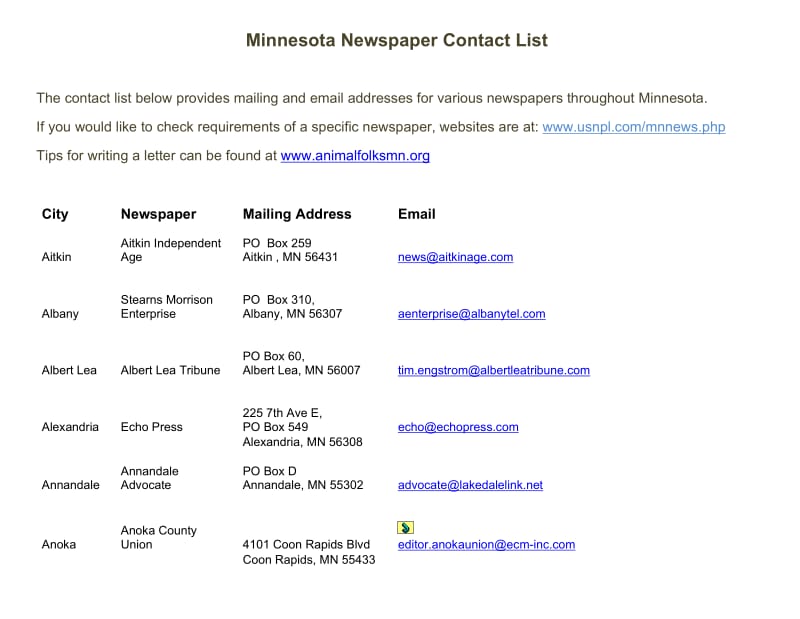 Minnesota Newspaper Contact List - Animal Folks MN.doc_第1页