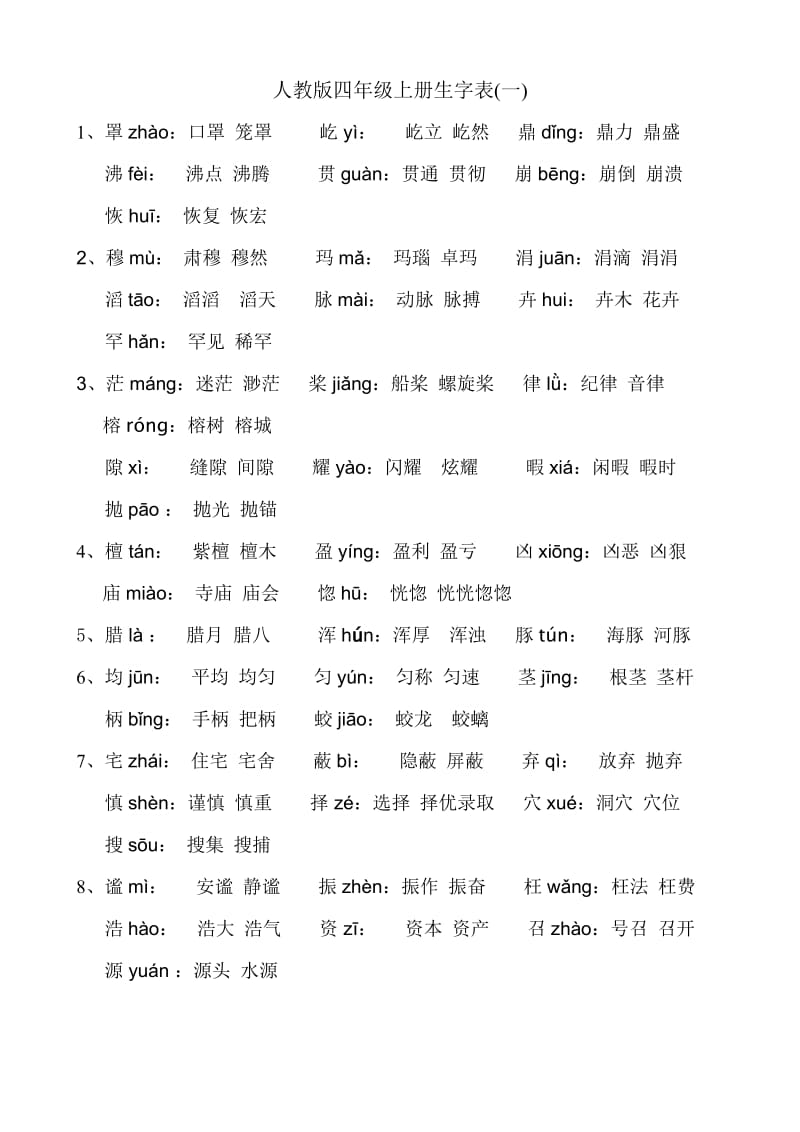 人教版四年级上册语文生字表一注音及组词.doc_第1页