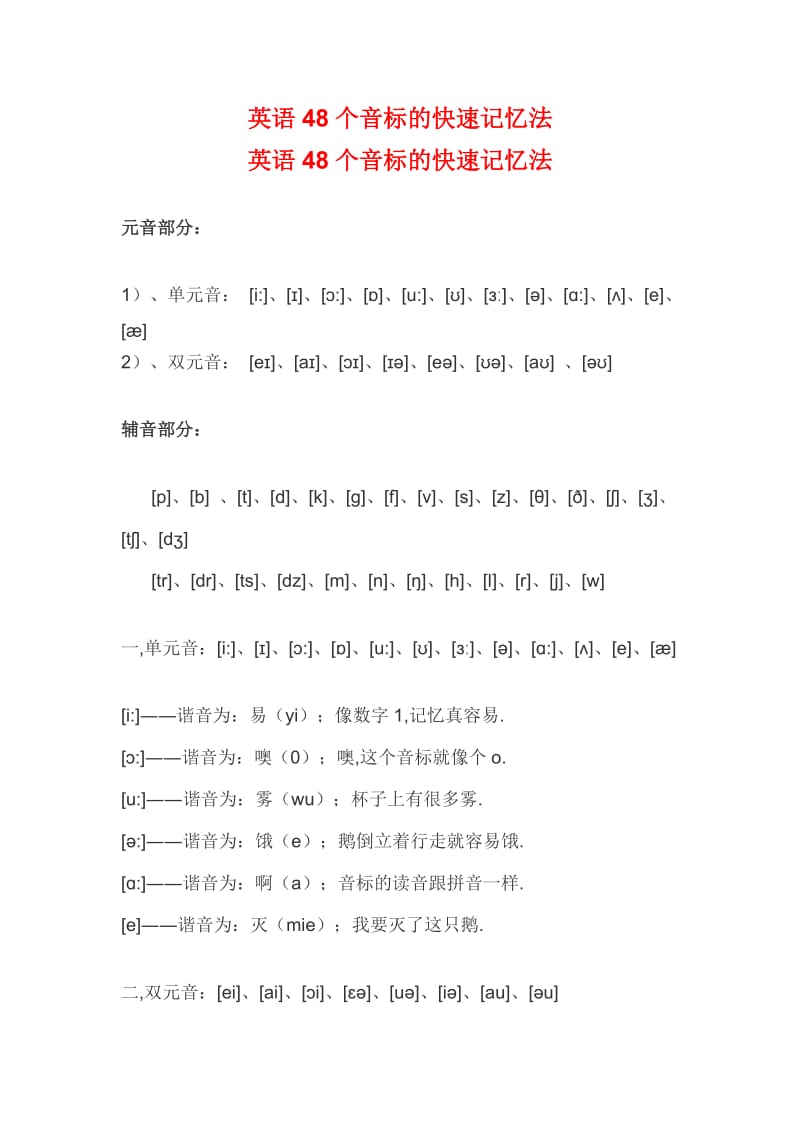 英语48个音标的快速记忆法.docx_第1页