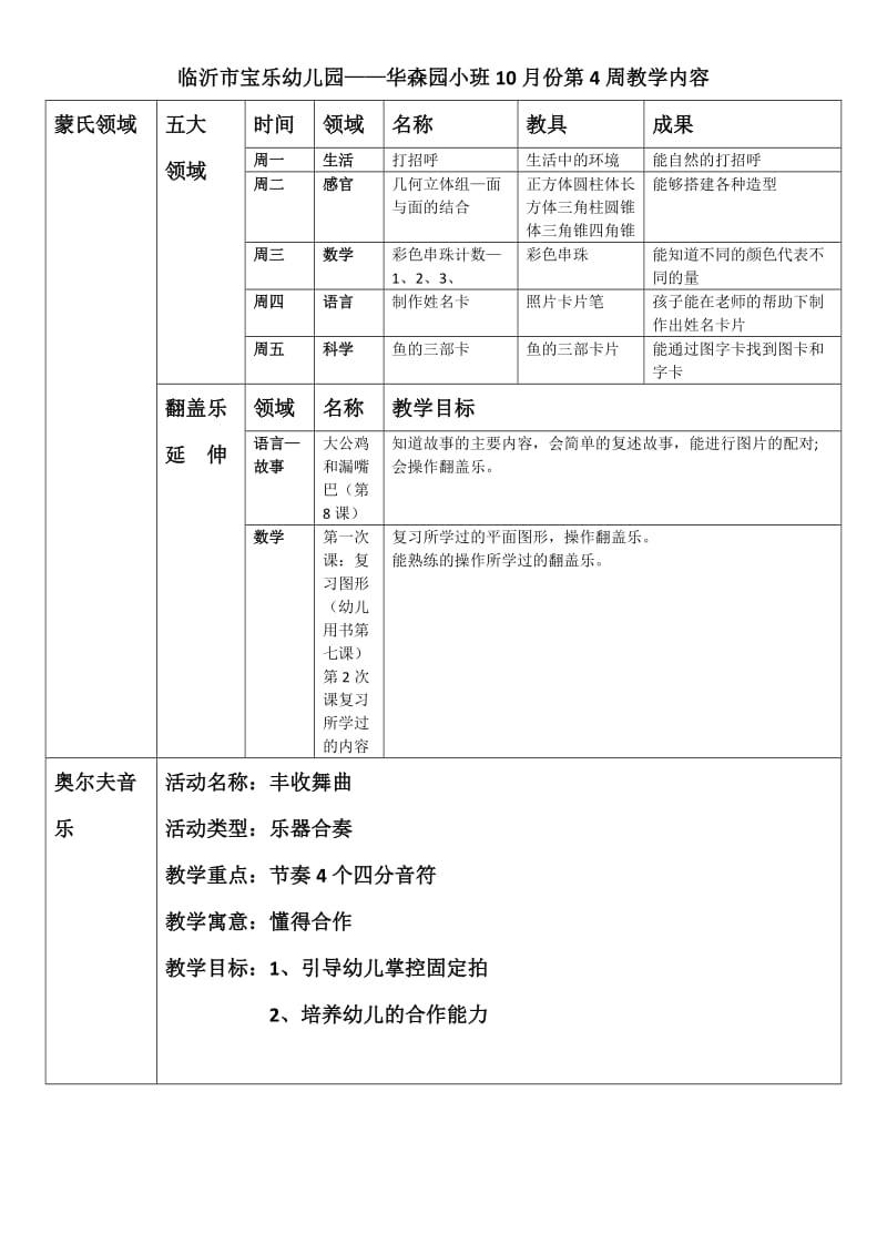 小班十月第四周教学计划(4)(1).doc_第1页