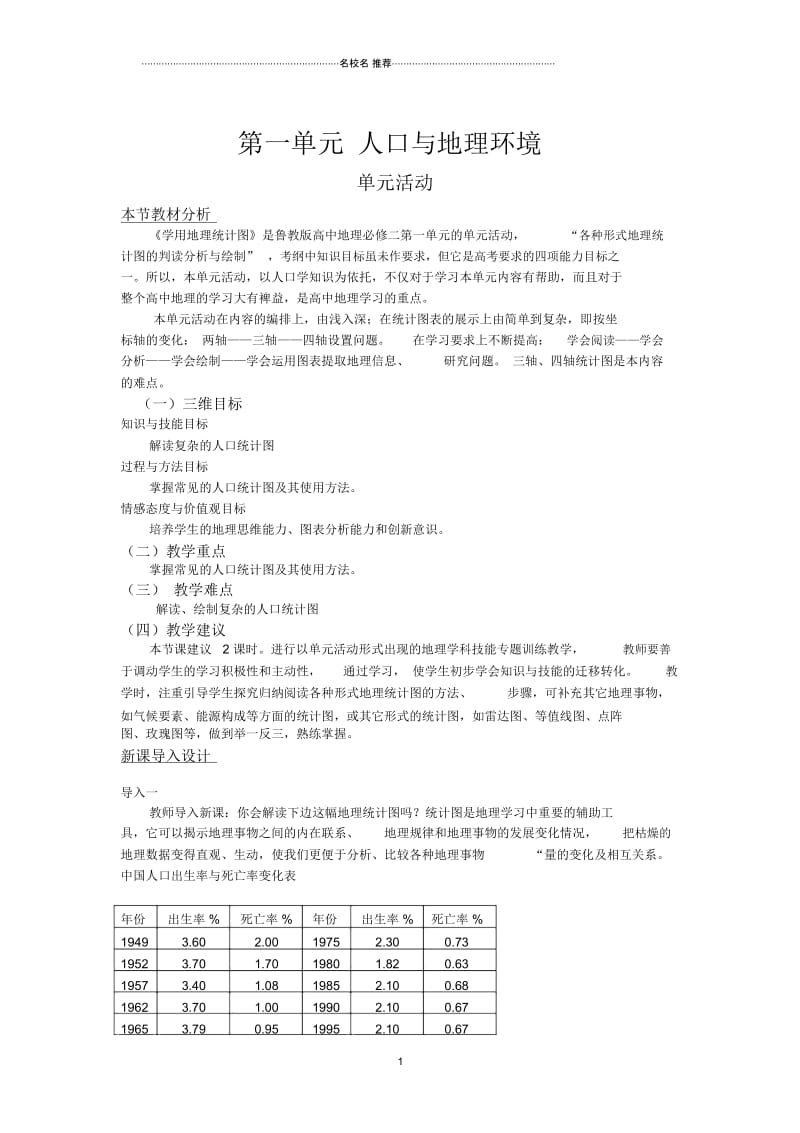 2018-2019学年高一地理鲁教版必修2精编教材分析与导入设计：第1单元单元活动学用地理统计图Word版含解析.docx_第1页