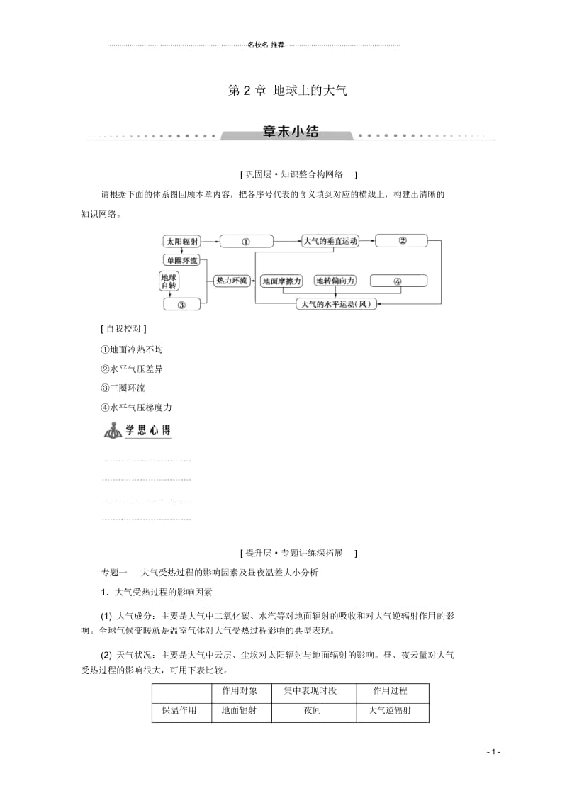 (课标版)高中地理第2章地球上的大气章末小结名师优质学案必修1.docx_第1页