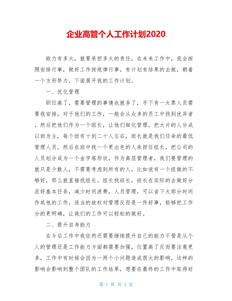 企业高管个人工作计划2020.doc_第1页