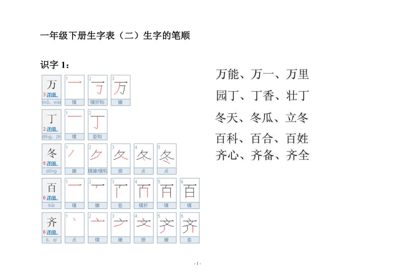 人教版一年级下册生字表(二)字的笔顺和组词.doc_第1页