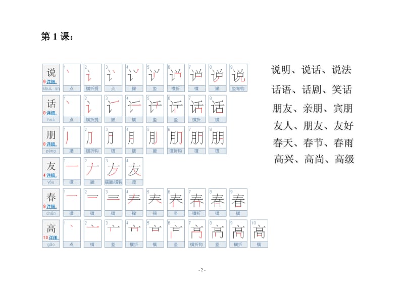 人教版一年级下册生字表(二)字的笔顺和组词.doc_第2页