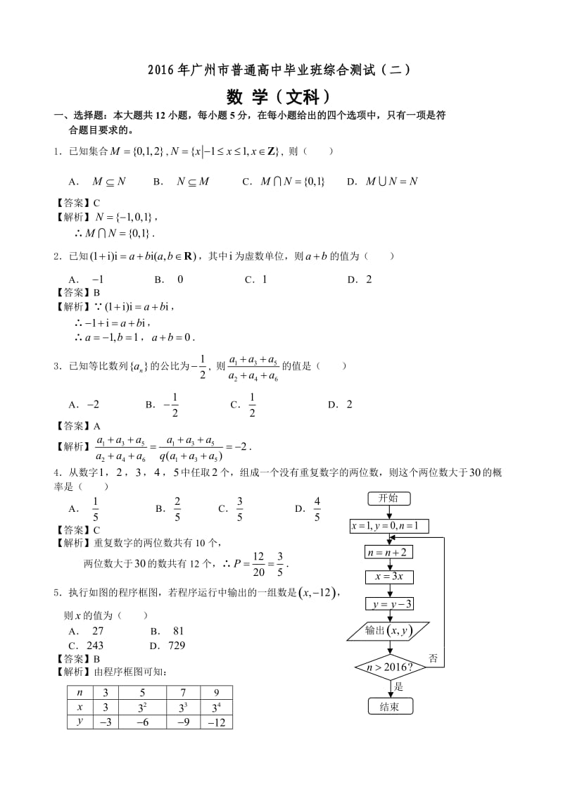 广东省广州市2016届高中毕业班综合测试（二）数学文试题（解析版）.doc_第1页