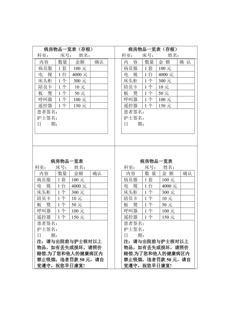 病房物品一览表.doc_第1页