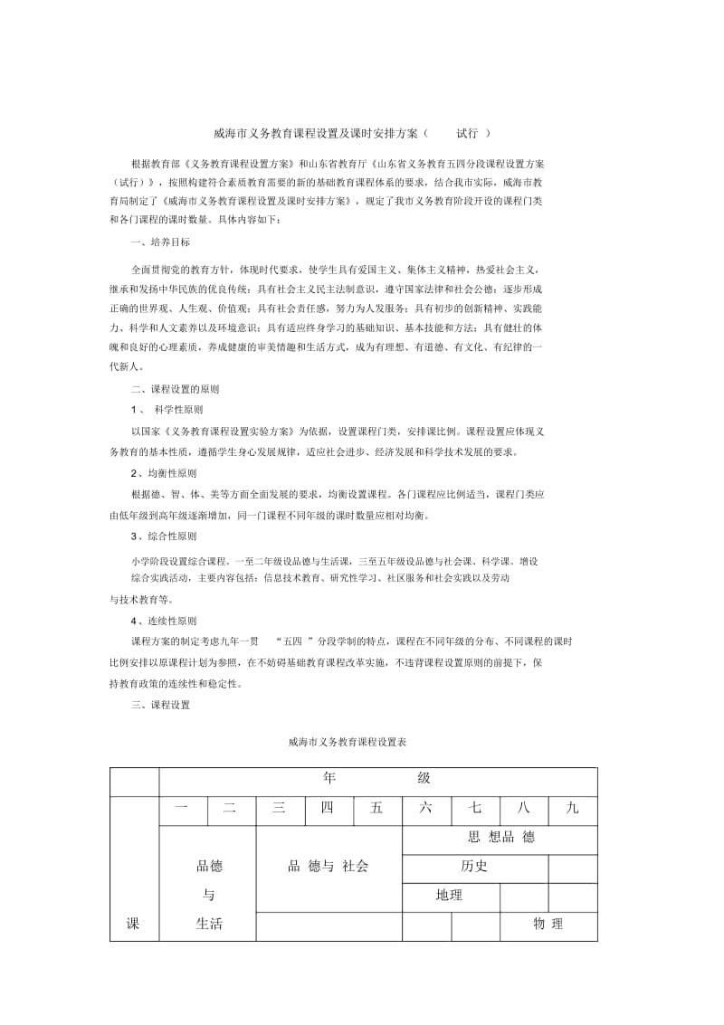 威海市义务教育课程设置及课时安排方案范文.docx_第2页