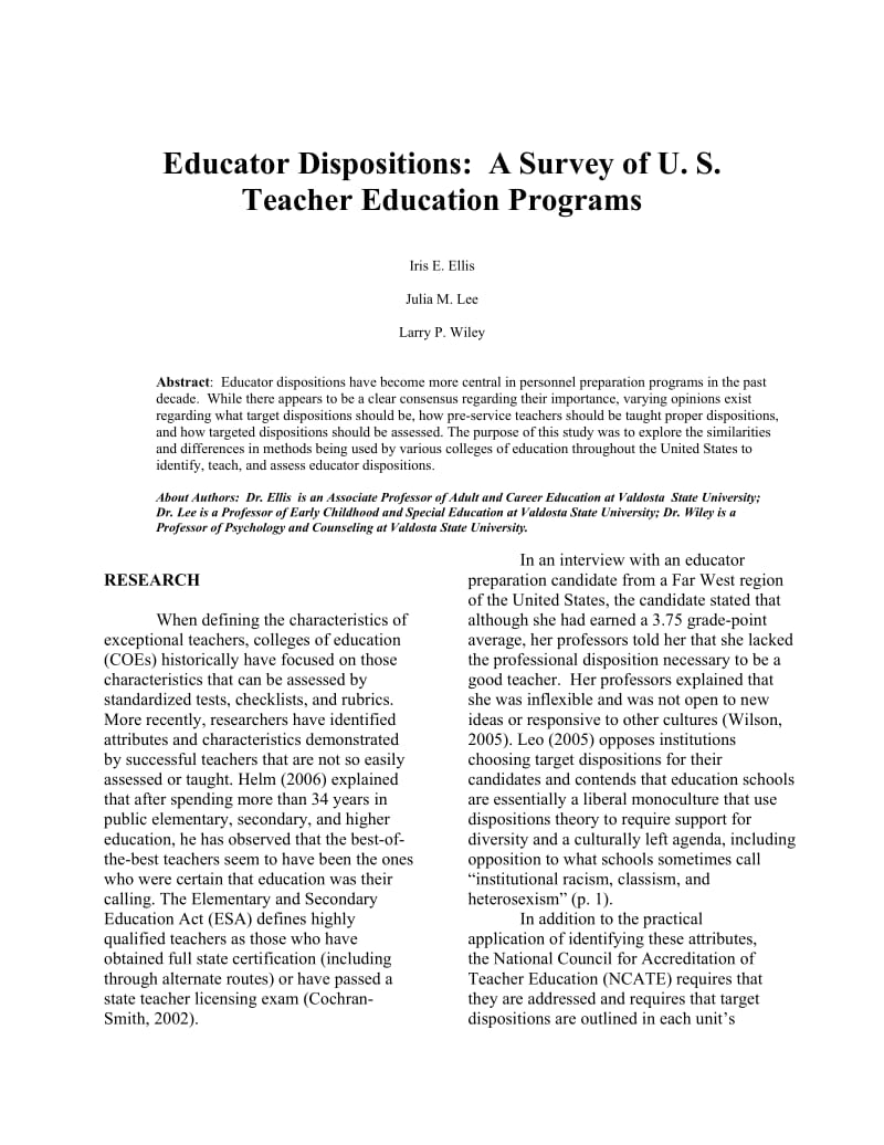 Educator dispositions A survey of US teacher education programs.doc_第1页