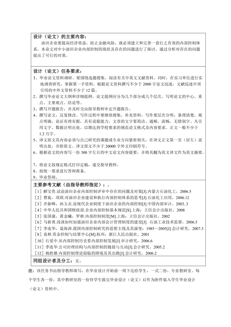 279.C论中小油田企业内部控制存在的问题及对策 任务书.doc_第2页