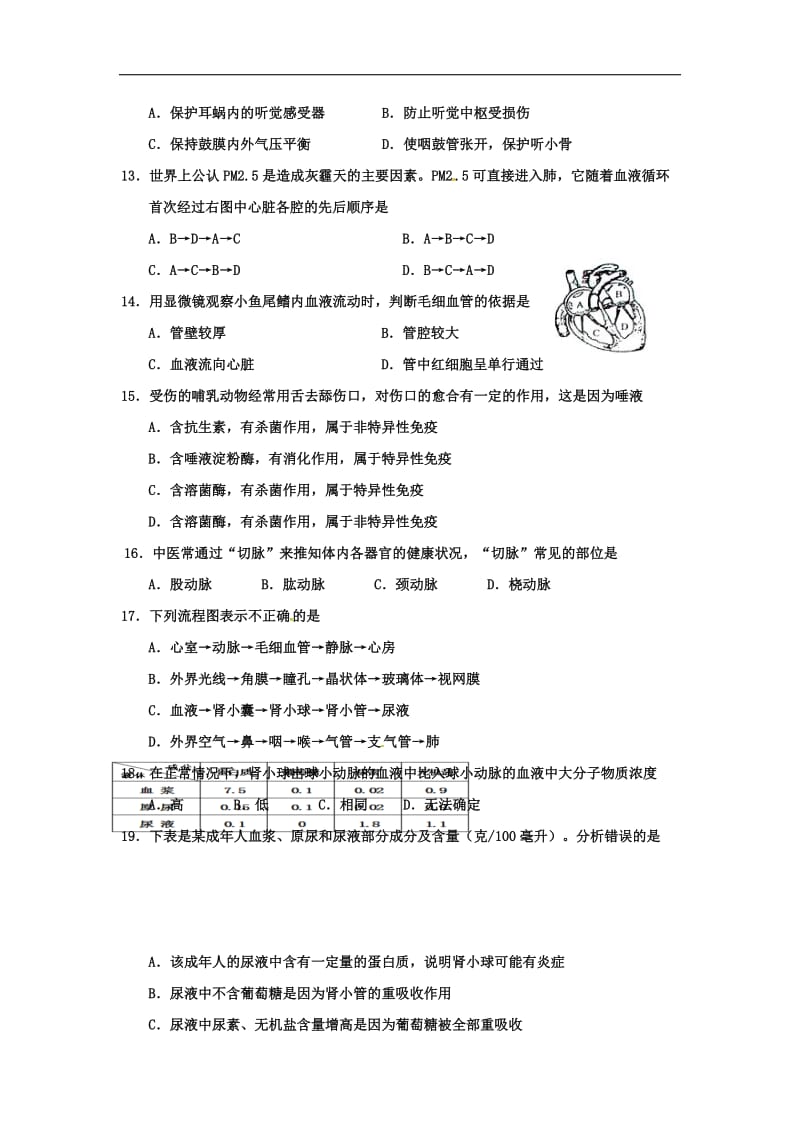 山东省临沂相公中学2015-2016学年七年级下学期期末考试生物试题.doc_第3页