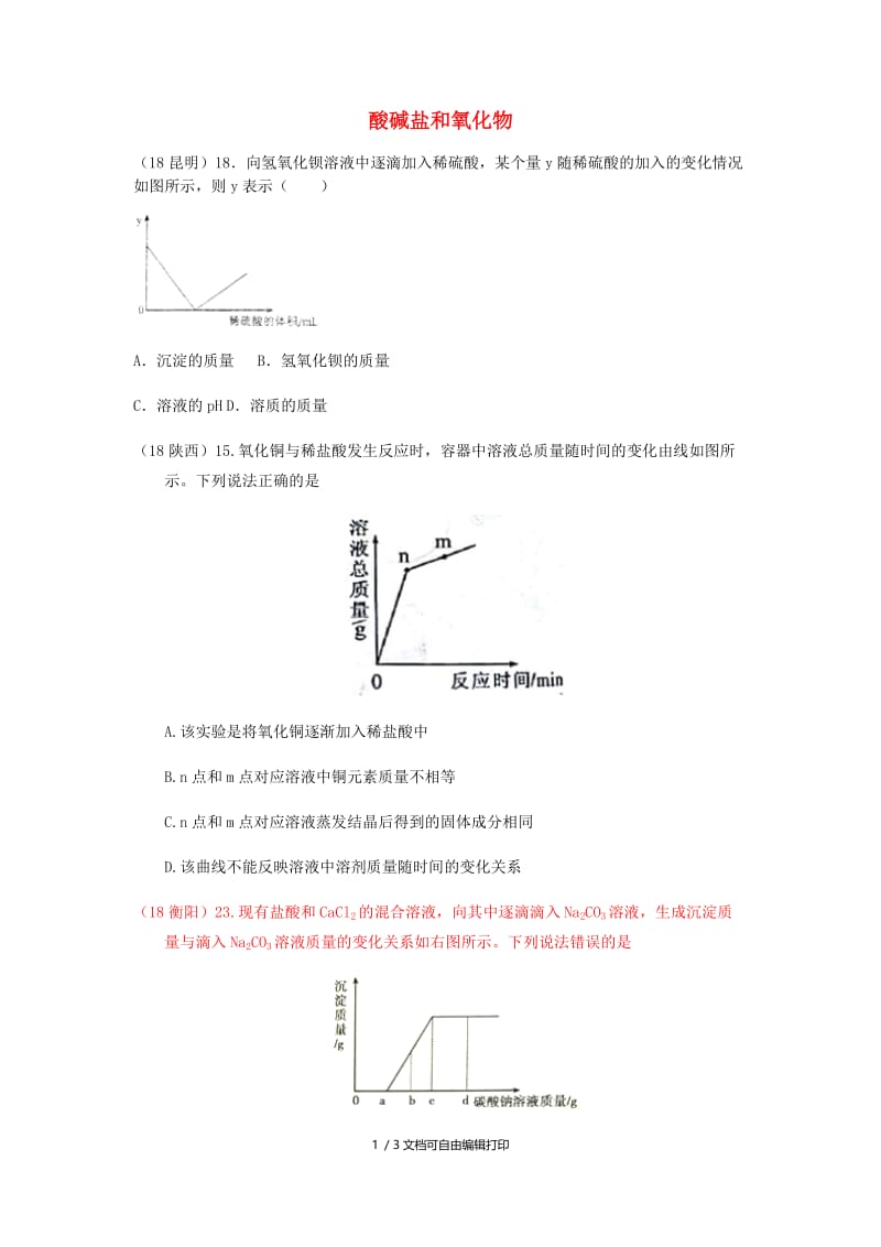 中考化学真题分类汇编2我们身边的物质考点14酸碱盐和氧化物6化学反应7图像题无答案.doc_第1页