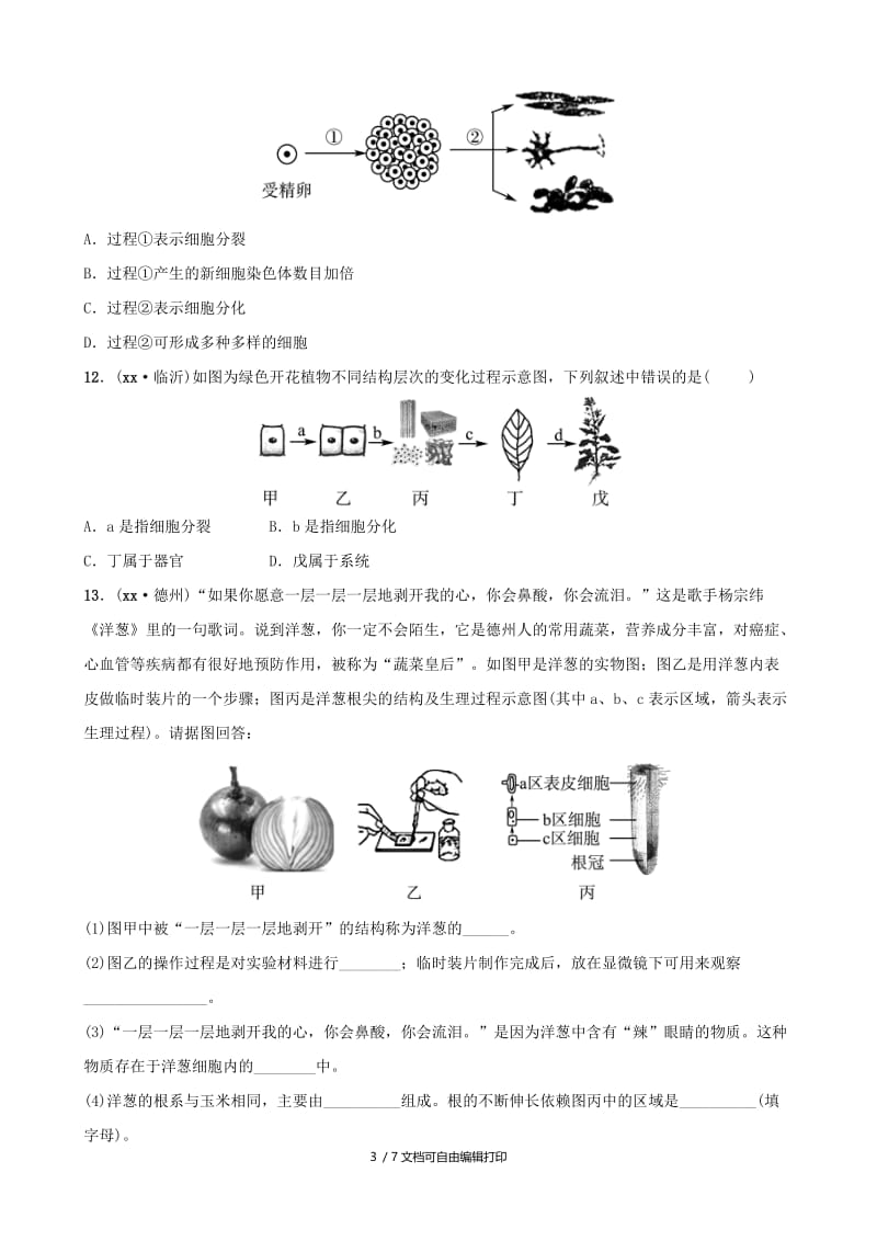 山东省滨州市中考生物总复习 第二单元 生物体的结构层次 第二章 细胞怎样构成生物体真题模拟实训.doc_第3页