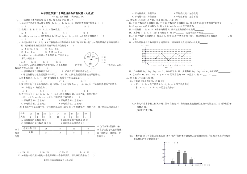 人教版八年级数学第二十章数据的分析测试题.doc_第1页