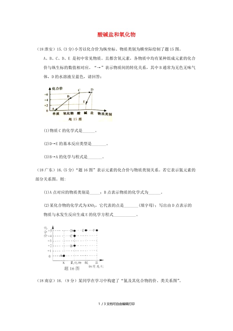 中考化学真题分类汇编2我们身边的物质考点14酸碱盐和氧化物1物质的分类结合化合价综合无答案.doc_第1页